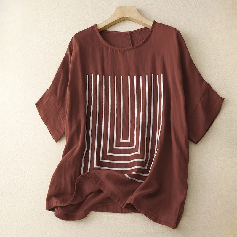 T-shirt décontracté à manches courtes en coton et lin pour femme, motif imprimé Buddha Stones - Bordeaux - US12，UK/AU16，EU44 (2XL) - image 7