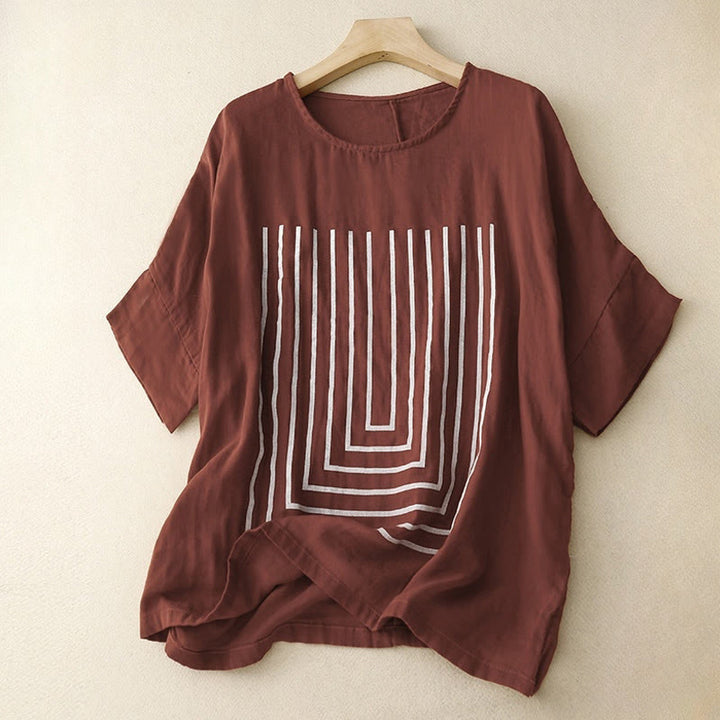 T-shirt décontracté à manches courtes en coton et lin pour femme, motif imprimé Buddha Stones - Bordeaux - US12，UK/AU16，EU44 (2XL) - image 7