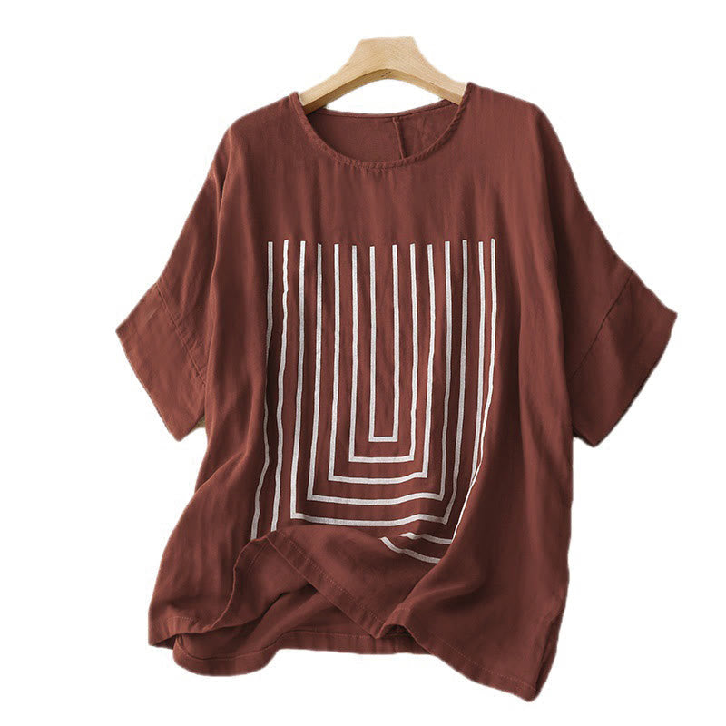 T-shirt décontracté à manches courtes en coton et lin pour femme, motif imprimé Buddha Stones - image 11