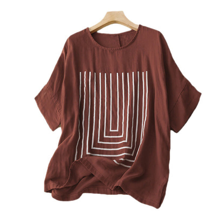 T-shirt décontracté à manches courtes en coton et lin pour femme, motif imprimé Buddha Stones - image 11