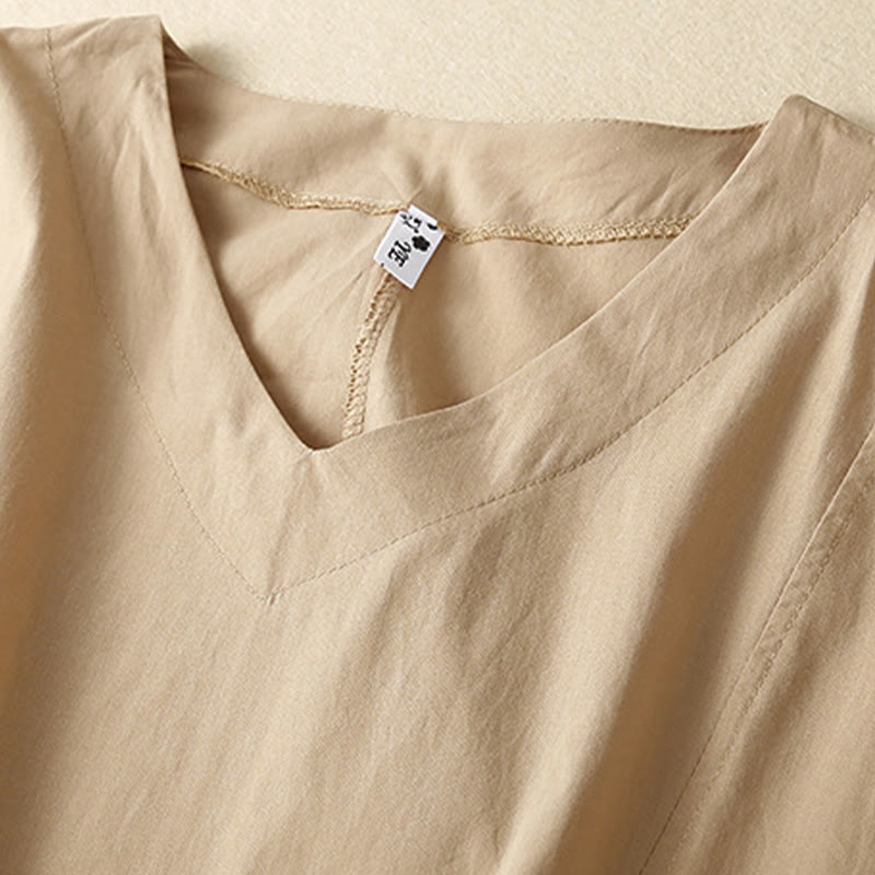 Robe midi décontractée en coton à manches courtes et col en V avec poches et motif Buddha Stones - image 12