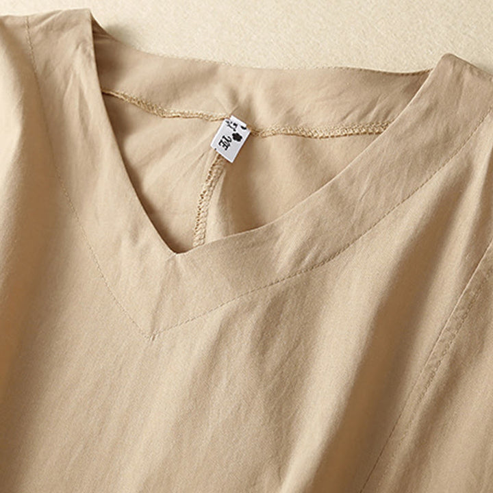 Robe midi décontractée en coton à manches courtes et col en V avec poches et motif Buddha Stones - image 12