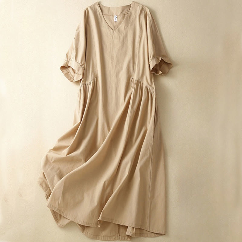 Robe midi décontractée en coton à manches courtes et col en V avec poches et motif Buddha Stones - Verge d'or pâle - US8-10，UK/AU12-14，EU40-42 (2XL) - image 9