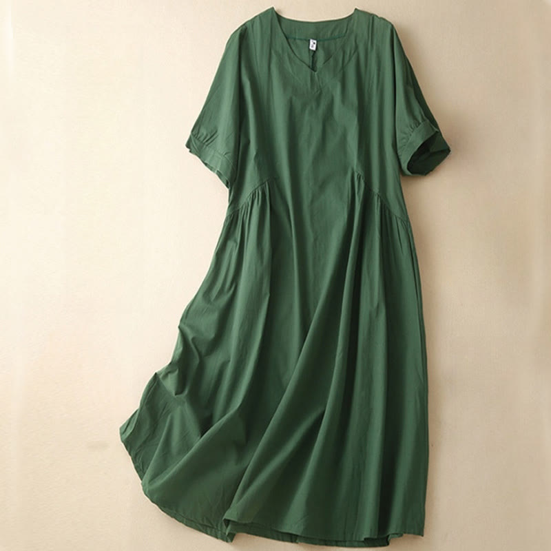 Robe midi décontractée en coton à manches courtes et col en V avec poches et motif Buddha Stones - Vert foncé - US8-10，UK/AU12-14，EU40-42 (2XL) - image 0