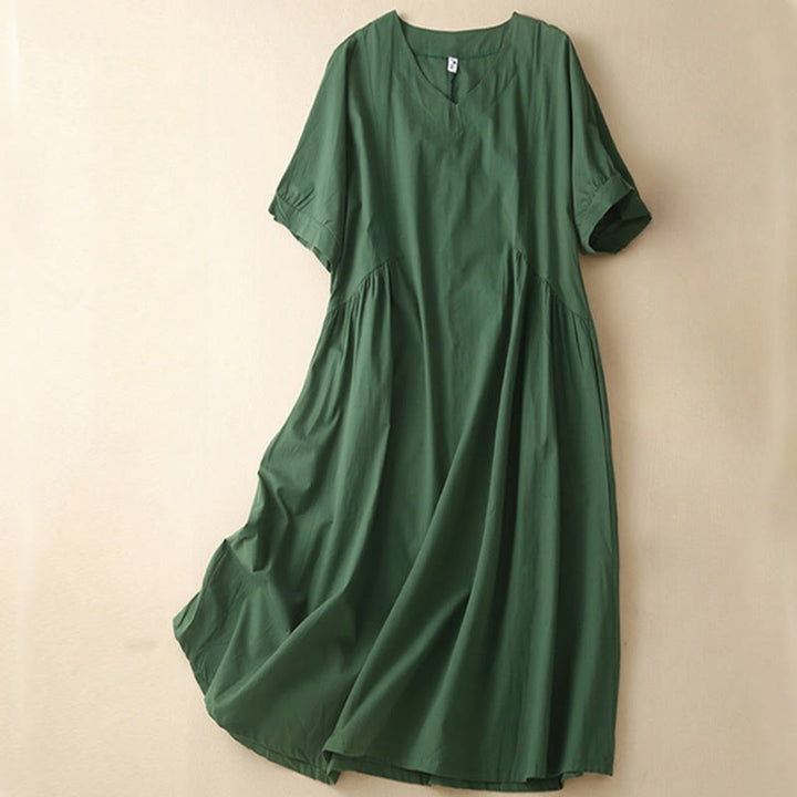 Robe midi décontractée en coton à manches courtes et col en V avec poches et motif Buddha Stones - Vert foncé - US8-10，UK/AU12-14，EU40-42 (2XL) - image 0