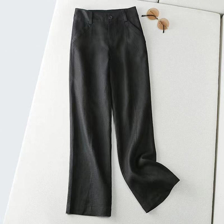 Pantalon large décontracté Buddha Stones uni taille haute en coton et lin pour femme avec poches