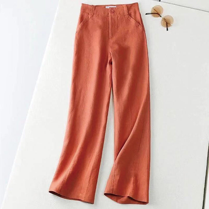 Pantalon large décontracté Buddha Stones uni taille haute en coton et lin pour femme avec poches