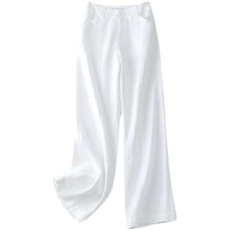 Pantalon large décontracté Buddha Stones uni taille haute en coton et lin pour femme avec poches