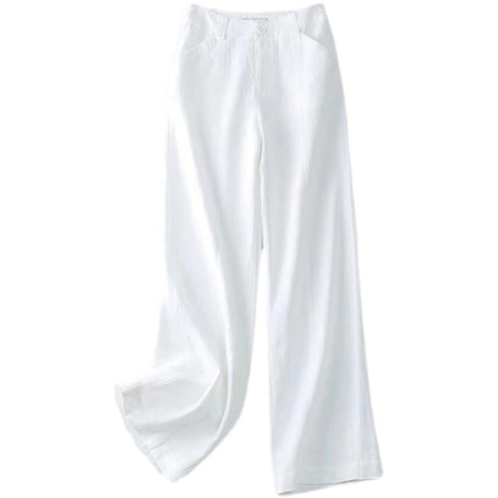 Pantalon large décontracté Buddha Stones uni taille haute en coton et lin pour femme avec poches