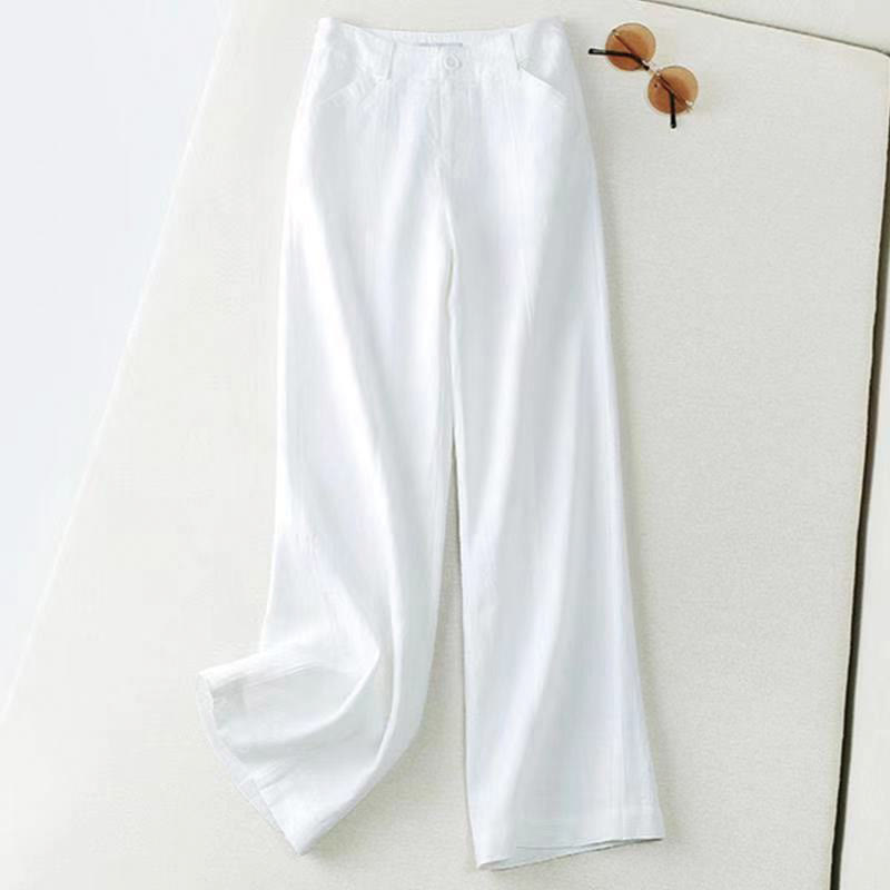 Pantalon large décontracté Buddha Stones uni taille haute en coton et lin pour femme avec poches