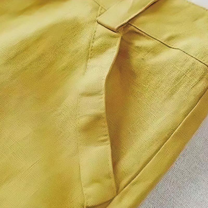 Pantalon large décontracté Buddha Stones uni taille haute en coton et lin pour femme avec poches