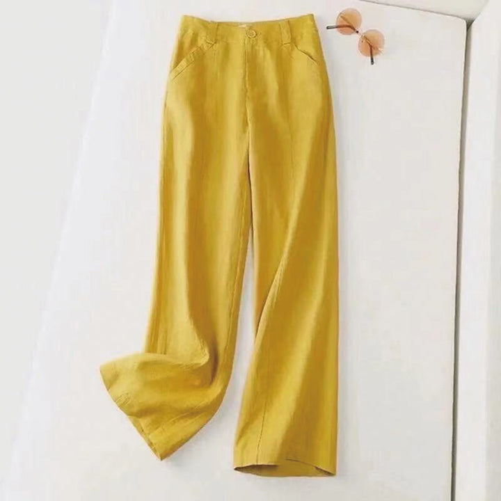 Pantalon large décontracté Buddha Stones uni taille haute en coton et lin pour femme avec poches