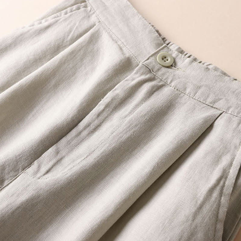 Pantalon large en coton et lin pour femme avec cordon de serrage, couleur Buddha Stones , longueur 7-8, avec poches