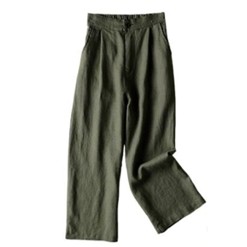 Pantalon large pour femme en coton et lin, couleur unie, Buddha Stones Commute, longueur 7-8, avec poches - Vert olive foncé - US12，UK/AU16，EU44 (3XL) - image 18