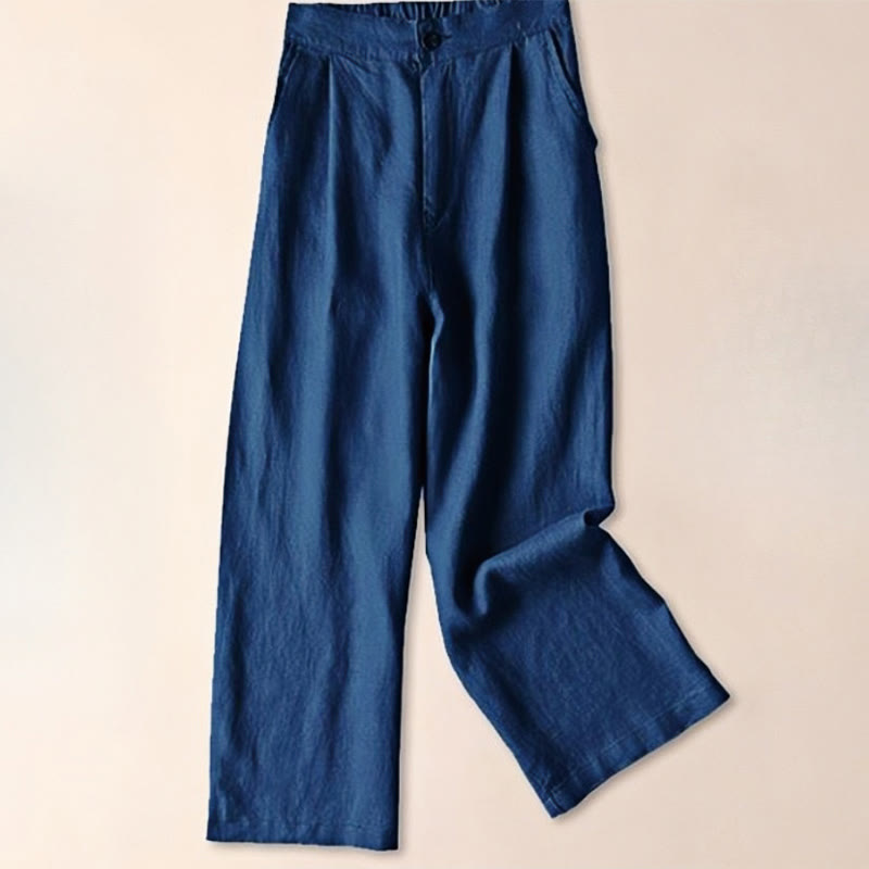 Pantalon large en coton et lin pour femme avec cordon de serrage, couleur Buddha Stones , longueur 7-8, avec poches
