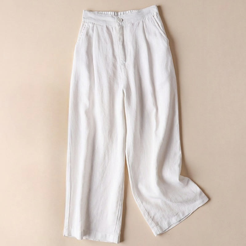 Pantalon large en coton et lin pour femme avec cordon de serrage, couleur Buddha Stones , longueur 7-8, avec poches