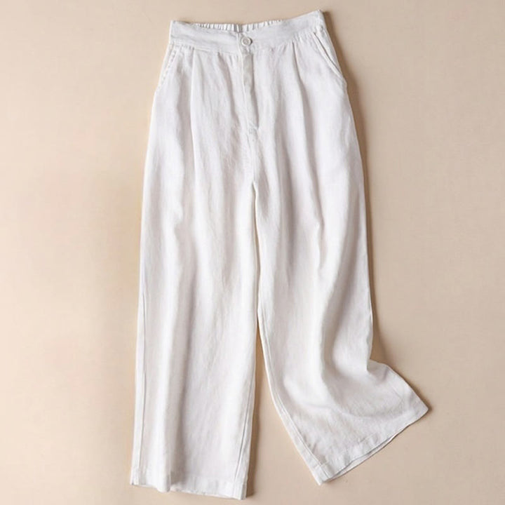 Pantalon large en coton et lin pour femme avec cordon de serrage, couleur Buddha Stones , longueur 7-8, avec poches