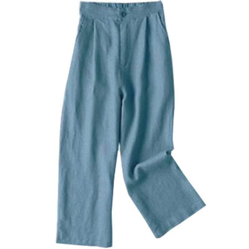 Pantalon large en coton et lin pour femme avec cordon de serrage, couleur Buddha Stones , longueur 7-8, avec poches