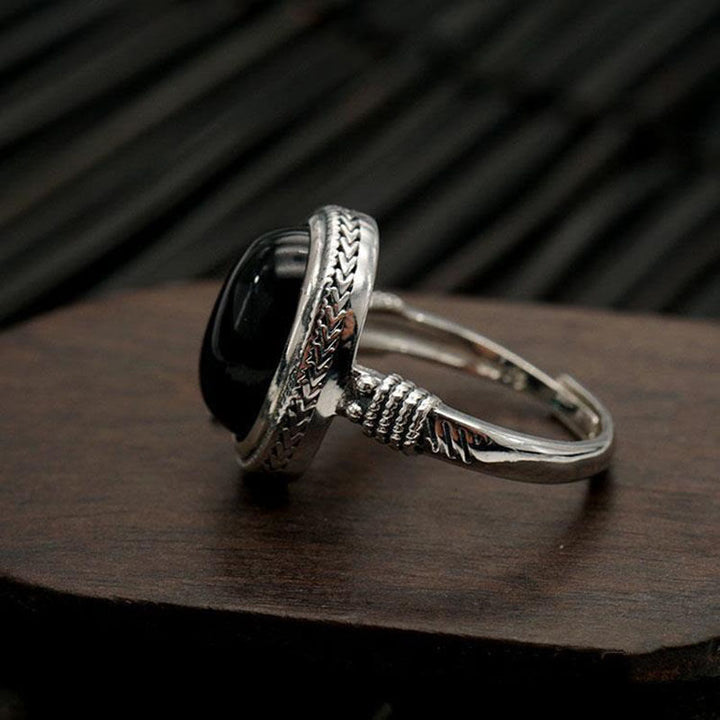 Bague de protection réglable en onyx noir naturel avec Buddha Stones