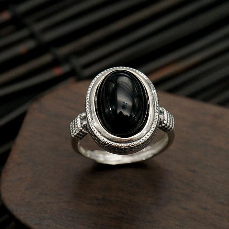 Bague de protection réglable en onyx noir naturel avec Buddha Stones