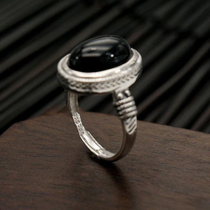 Bague de protection réglable en onyx noir naturel avec Buddha Stones