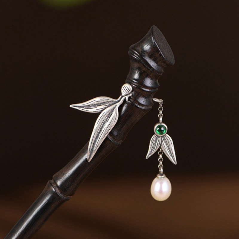 Épingle à cheveux en argent sterling 925 avec Buddha Stones , bois de santal rouge, ébène et bambou