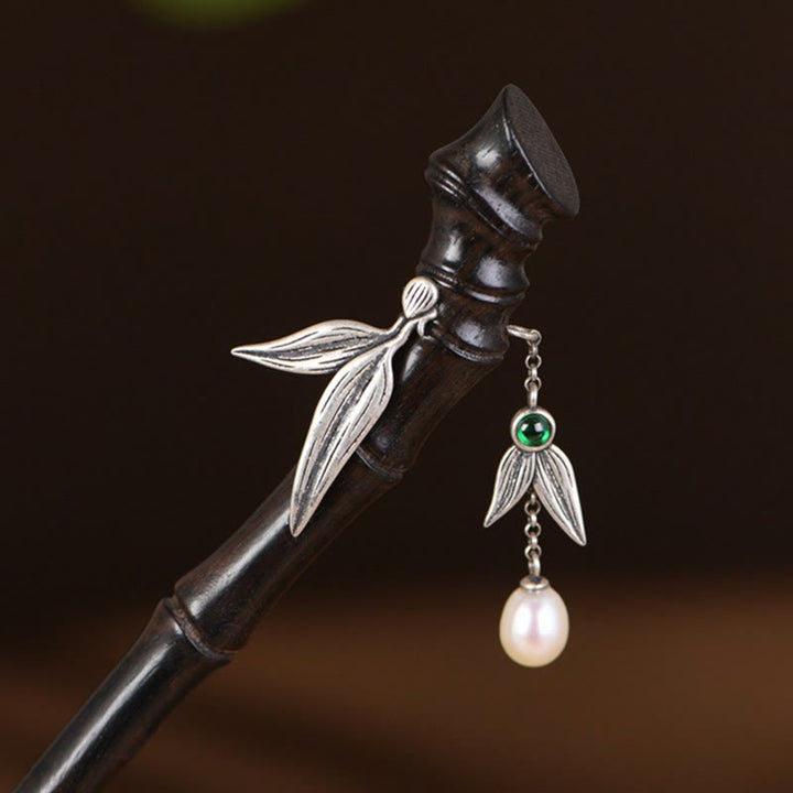 Épingle à cheveux en argent sterling 925 avec Buddha Stones , bois de santal rouge, ébène et bambou