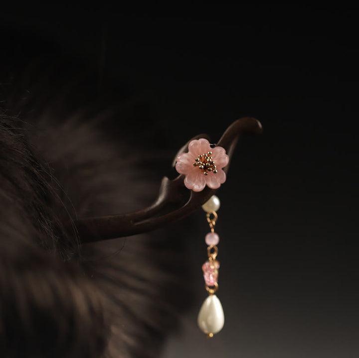 Épingle à cheveux en forme de fleur et de papillon en ébène avec Buddha Stones