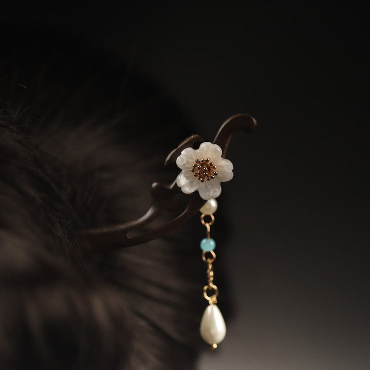 Épingle à cheveux en forme de fleur et de papillon en ébène avec Buddha Stones