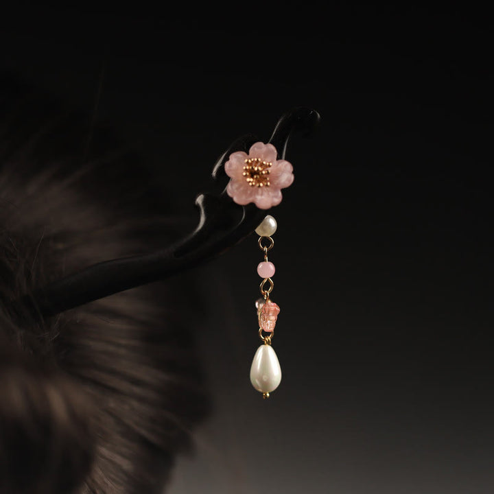 Épingle à cheveux en forme de fleur et de papillon en ébène avec Buddha Stones