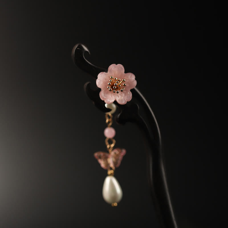 Épingle à cheveux en forme de fleur et de papillon en ébène avec Buddha Stones