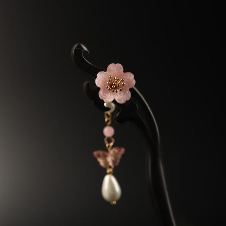 Épingle à cheveux en forme de fleur et de papillon en ébène avec Buddha Stones