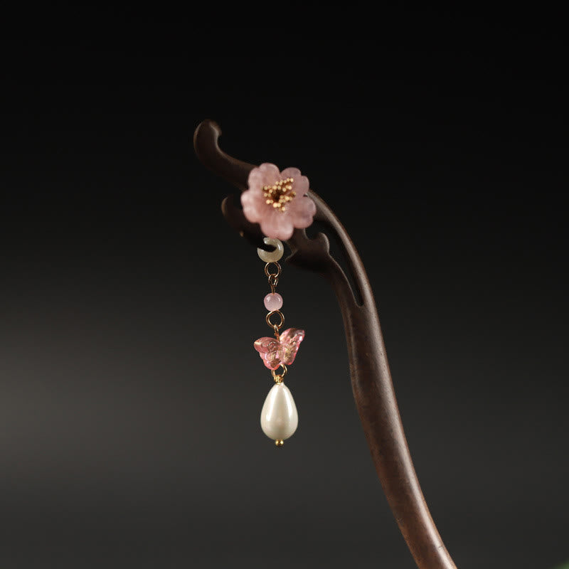 Épingle à cheveux en forme de fleur et de papillon en ébène avec Buddha Stones