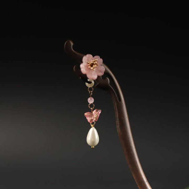 Épingle à cheveux en forme de fleur et de papillon en ébène avec Buddha Stones