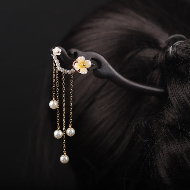 Épingle à cheveux en Buddha Stones, coquillage en ébène, fleur, perle, pompon, bénédiction