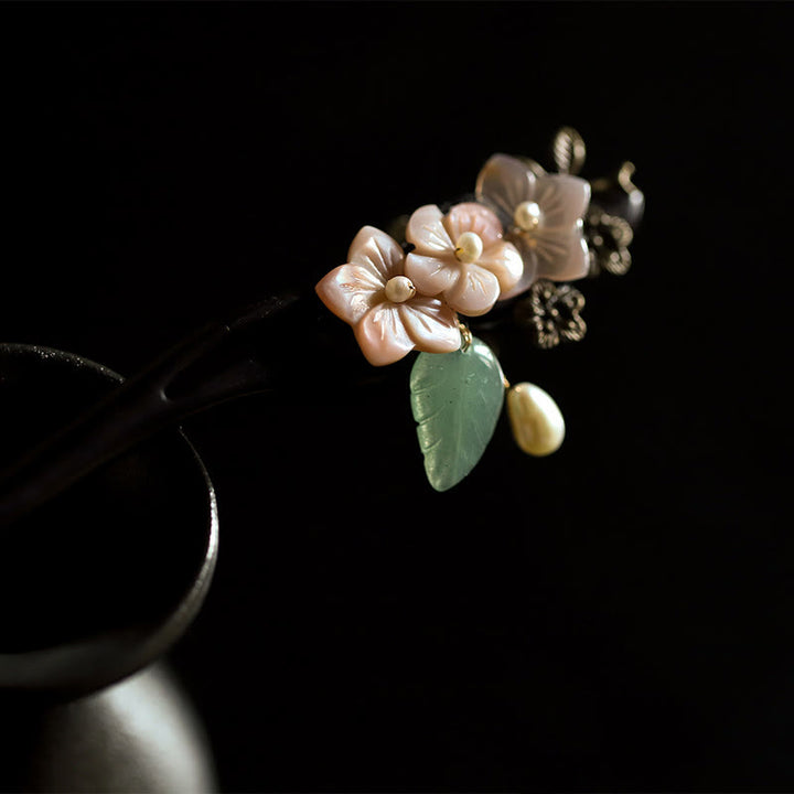 Épingle à cheveux en ébène, Buddha Stones, coquillage, fleur, feuilles, bénédiction