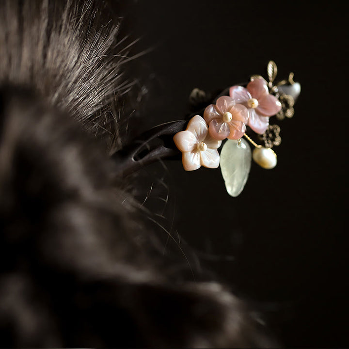 Épingle à cheveux en ébène, Buddha Stones, coquillage, fleur, feuilles, bénédiction