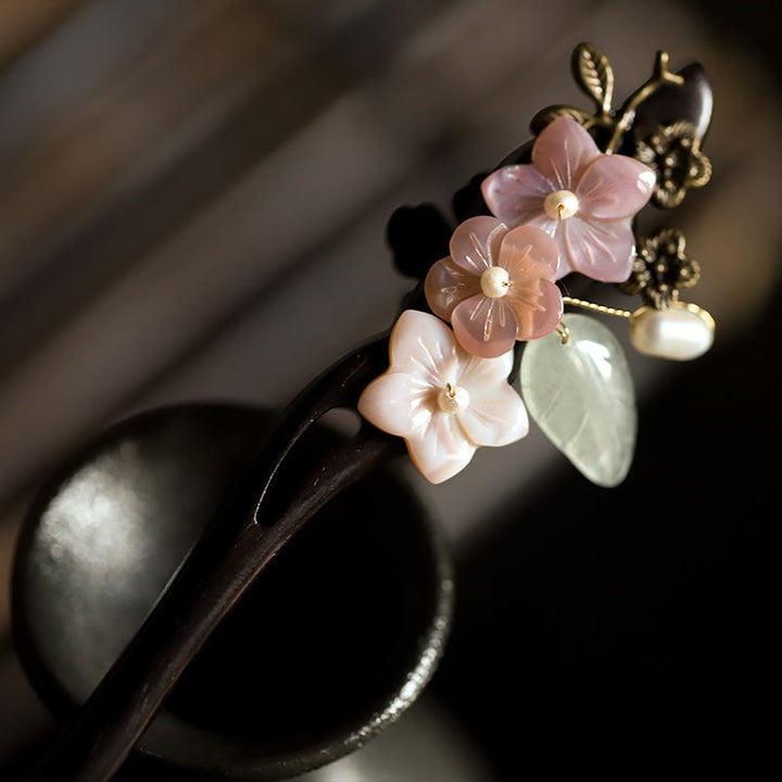 Épingle à cheveux en ébène, Buddha Stones, coquillage, fleur, feuilles, bénédiction