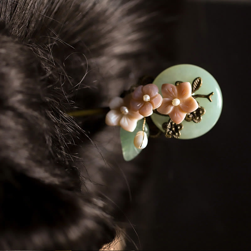 Épingle à cheveux porte-bonheur en Buddha Stones , jade, coquillage, fleur, feuilles