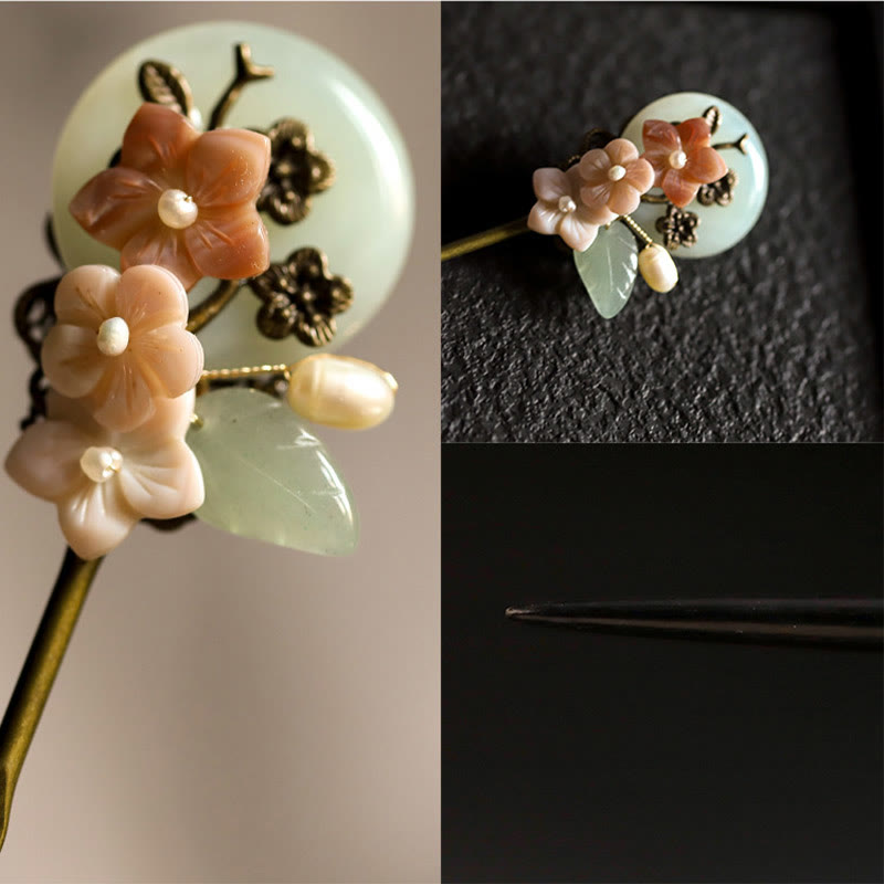 Épingle à cheveux porte-bonheur en Buddha Stones , jade, coquillage, fleur, feuilles