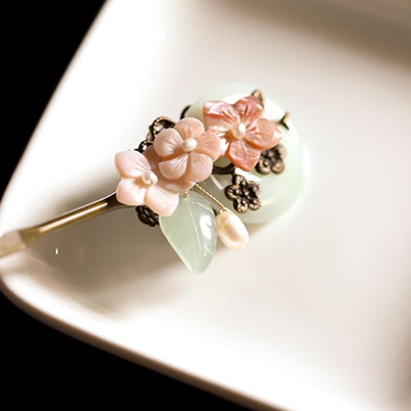 Épingle à cheveux porte-bonheur en Buddha Stones , jade, coquillage, fleur, feuilles