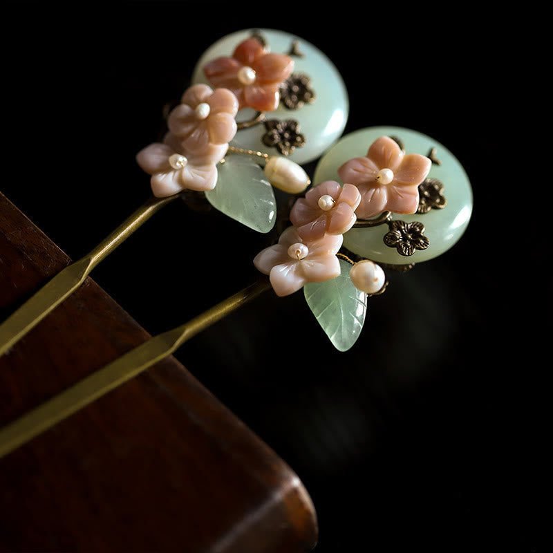 Épingle à cheveux porte-bonheur en Buddha Stones , jade, coquillage, fleur, feuilles