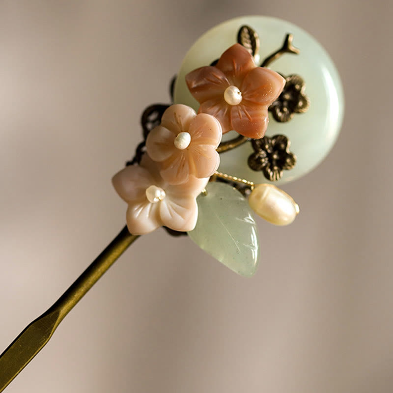 Épingle à cheveux porte-bonheur en Buddha Stones , jade, coquillage, fleur, feuilles