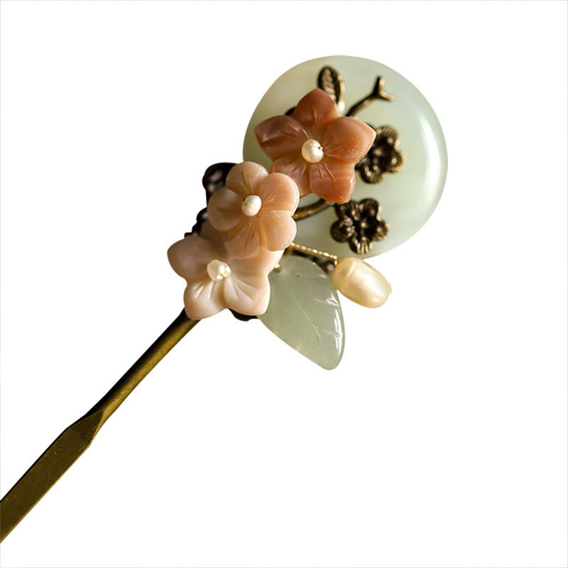 Épingle à cheveux porte-bonheur en Buddha Stones , jade, coquillage, fleur, feuilles