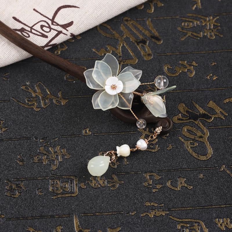 Épingle à cheveux en Buddha Stones, ébène, jade, coquillage, magnolia, pompon, bénédiction