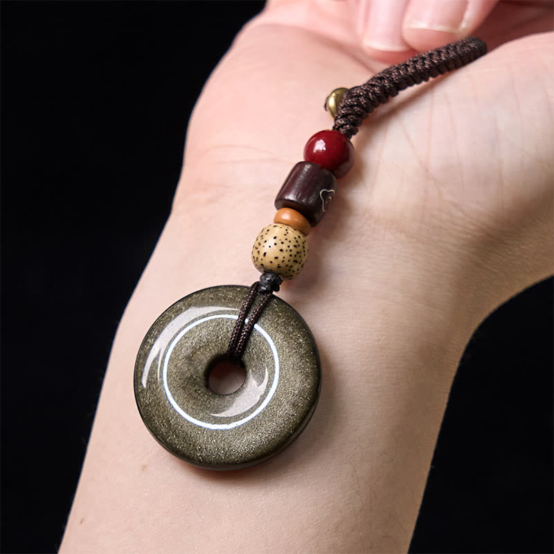 Porte-clés renforcé avec boucle de paix en obsidienne naturelle et Buddha Stones