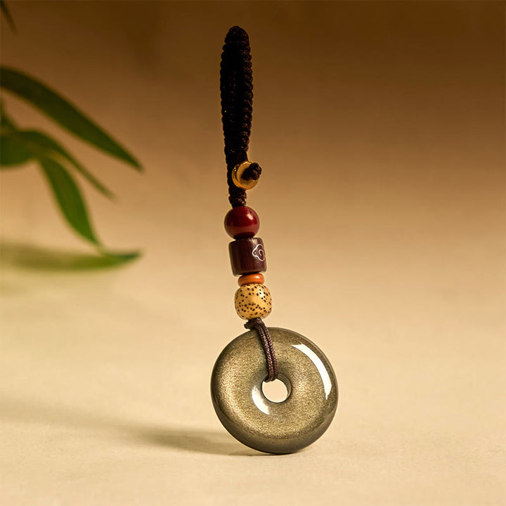 Porte-clés renforcé avec boucle de paix en obsidienne naturelle et Buddha Stones