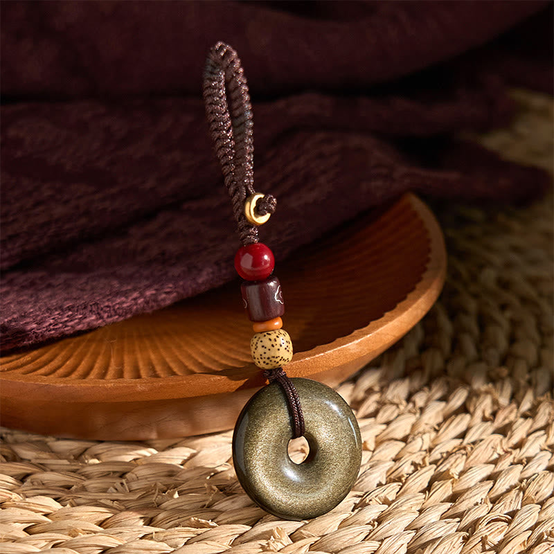 Porte-clés renforcé avec boucle de paix en obsidienne naturelle et Buddha Stones