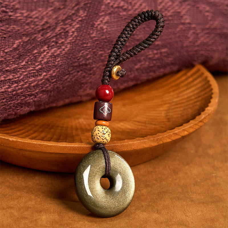 Porte-clés renforcé avec boucle de paix en obsidienne naturelle et Buddha Stones