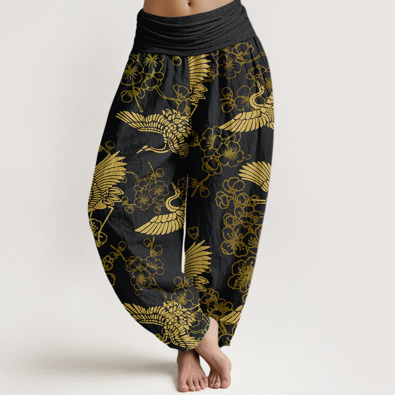 Pantalon sarouel à taille élastique pour femme, motif fleurs et grues, Buddha Stones - Noir - US22，UK/AU26，EU54 (6XL) - image 1